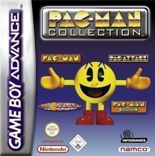 Das Cover von Pac-Man Collection für GameBoy Advance zeigt Pac-Man mit ausgestreckten Armen und USK ab 0.
