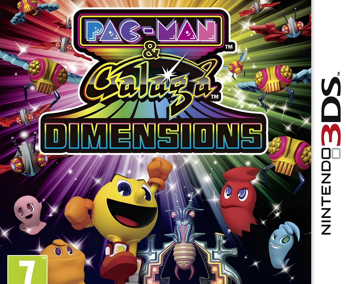 Das Cover von Pac-Man & Galaga Dimensions zeigt Pac-Man und Geister vor einem bunten Sternenhintergrund, PEGI 7.