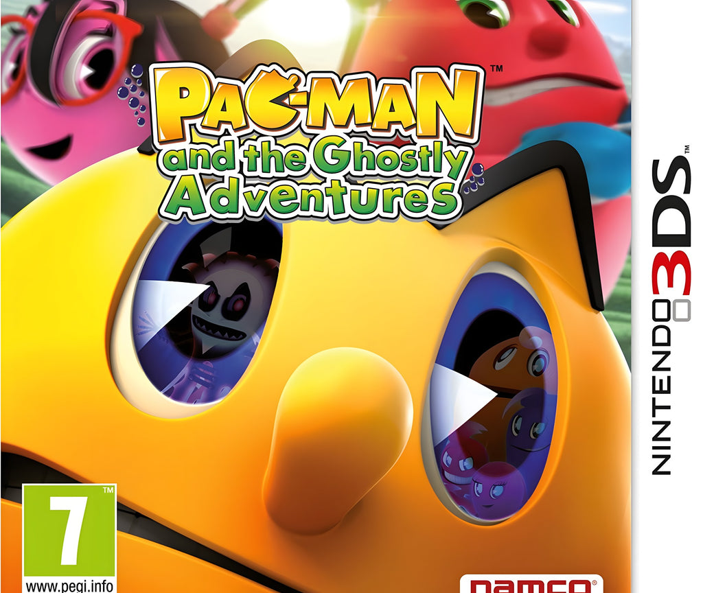 Das Cover von Pac-Man und die Geisterabenteuer / Ghostly Adventures zeigt Pac-Man mit Play-Symbolen in den Augen und PEGI 7.