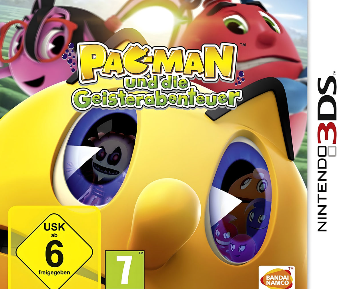 Ein grüner Gegner mit langer Zunge greift in Pac-Man und die Geisterabenteuer an.