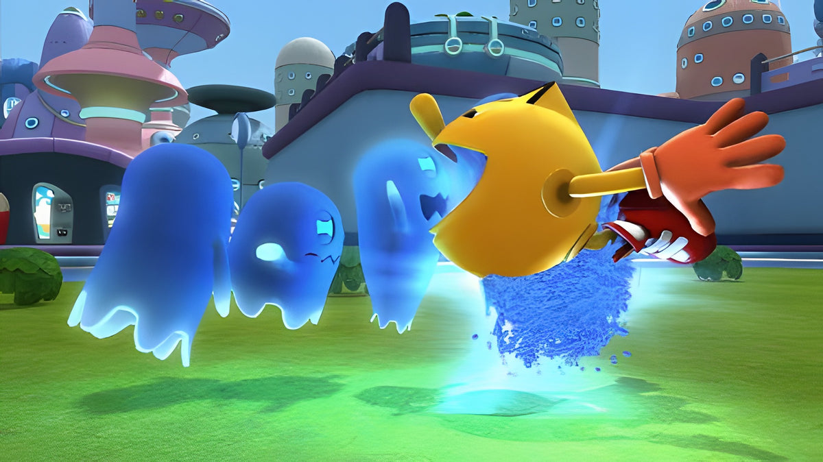 In Pac-Man und die Geisterabenteuer frisst Pac-Man drei blaue Geister, die vor ihm fliehen.