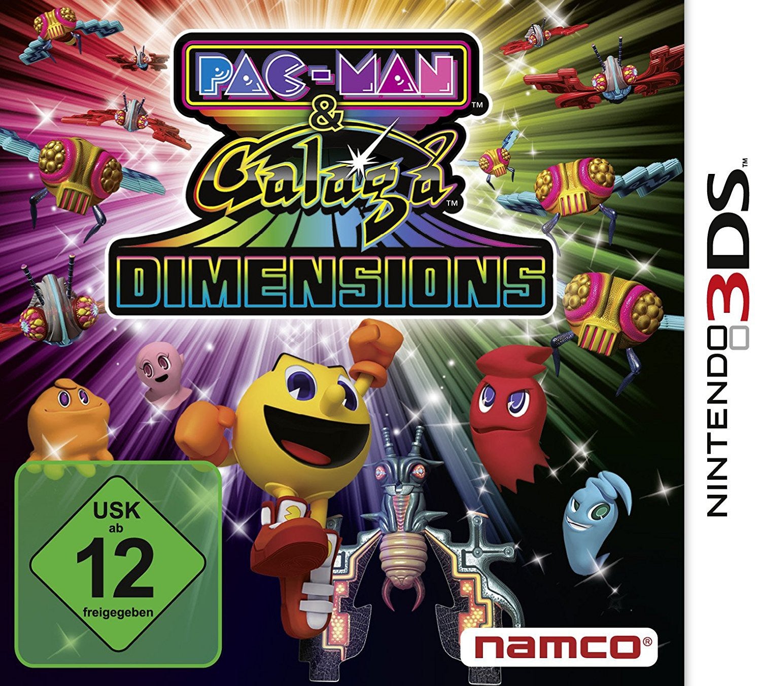 Cover-Vorderseite von Pac-Man & Galaga Dimensions für Nintendo 3DS mit Pac-Man, Geistern und Galaga-Raumschiffen, USK ab 12