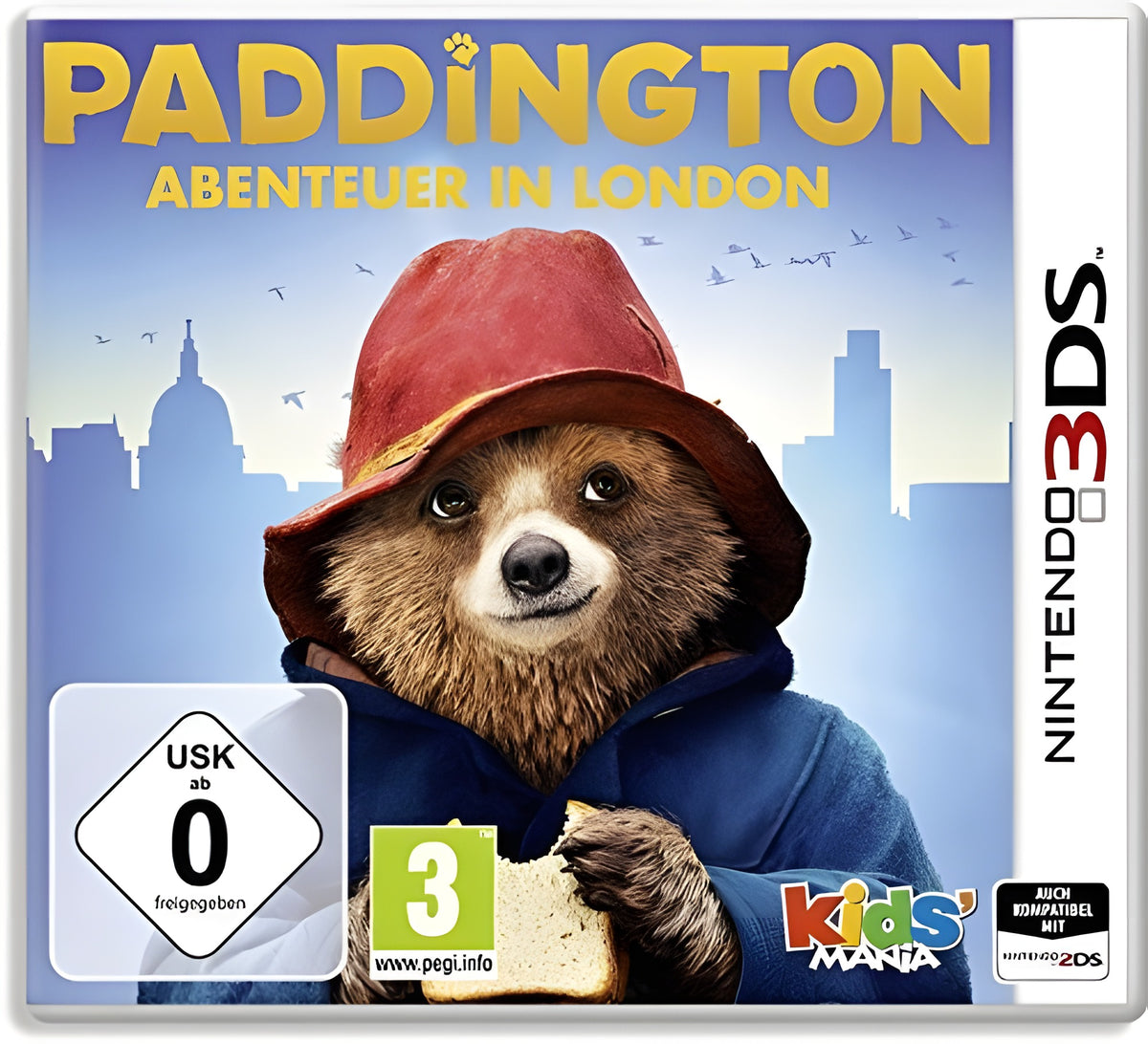 Paddington: Abenteuer in London zeigt den Bären Paddington mit Hut und Mantel vor Londoner Skyline, USK ab 0.