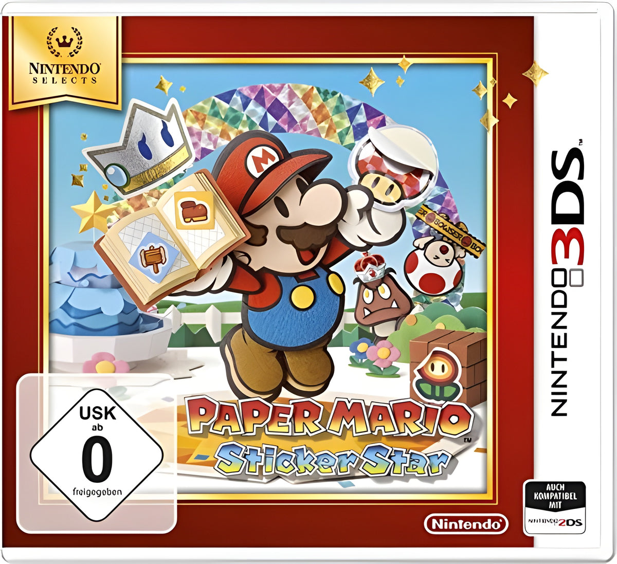 Das Cover von Paper Mario: Sticker Star zeigt Mario mit einem Sticker-Buch und dem USK-Siegel ab 0.