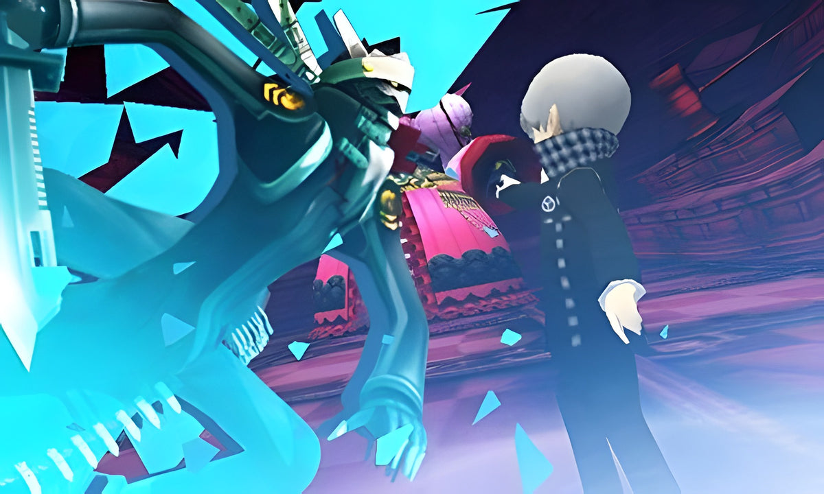Ein Charakter kämpft in Persona Q: Shadow of the Labyrinth gegen ein großes, blau leuchtendes Monster.