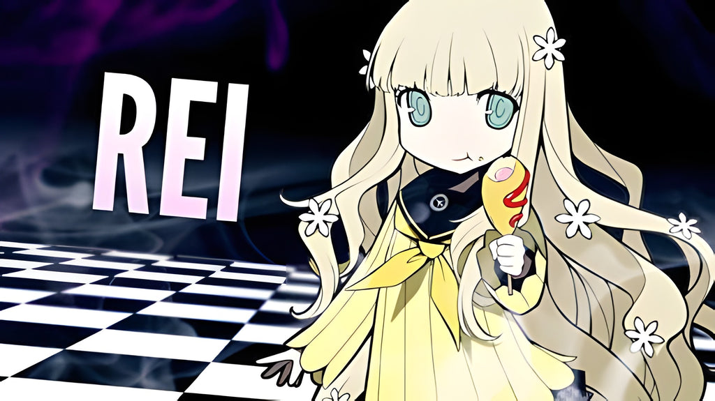 Persona Q: Shadow of the Labyrinth zeigt den Charakter Rei mit einem Corn Dog vor einem Schachbrettmuster.