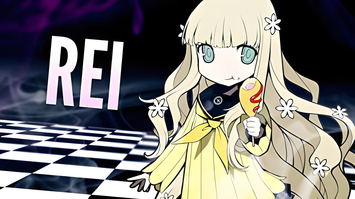 Persona Q: Shadow of the Labyrinth zeigt den Charakter Rei mit einem Corn Dog vor einem Schachbrettmuster.