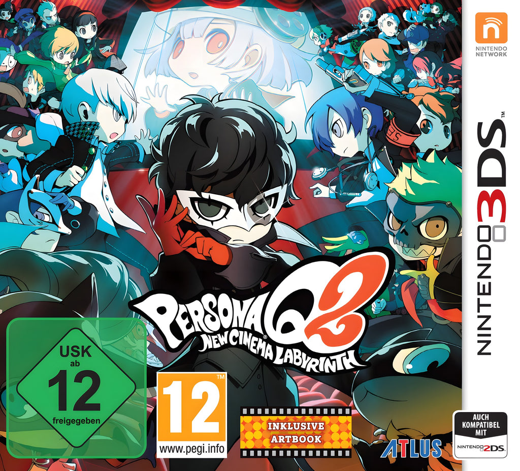 Das Cover von Persona Q2: New Cinema Labyrinth für Nintendo 3DS zeigt viele Charaktere vor einer Kinoleinwand, USK ab 12.