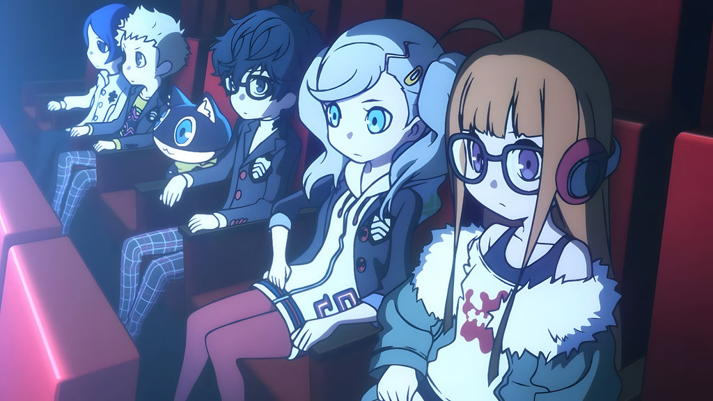 In Persona Q2: New Cinema Labyrinth sitzen mehrere Charaktere mit einem Katzenbegleiter im Kino.