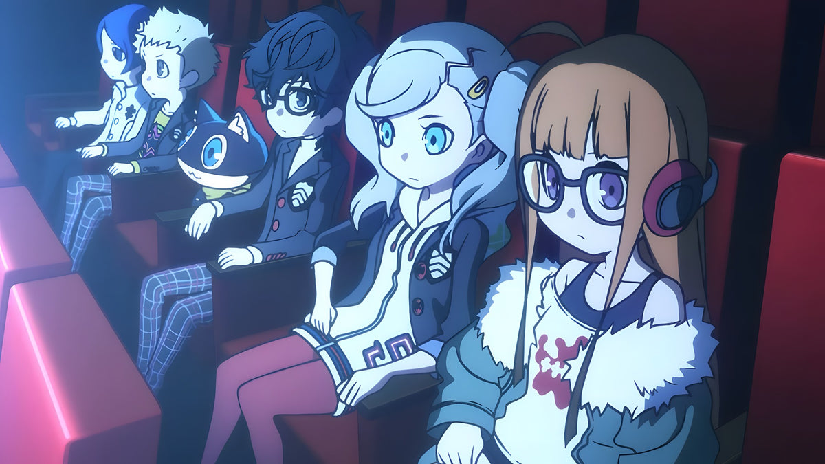 In Persona Q2: New Cinema Labyrinth sitzen mehrere Charaktere mit einem Katzenbegleiter im Kino.