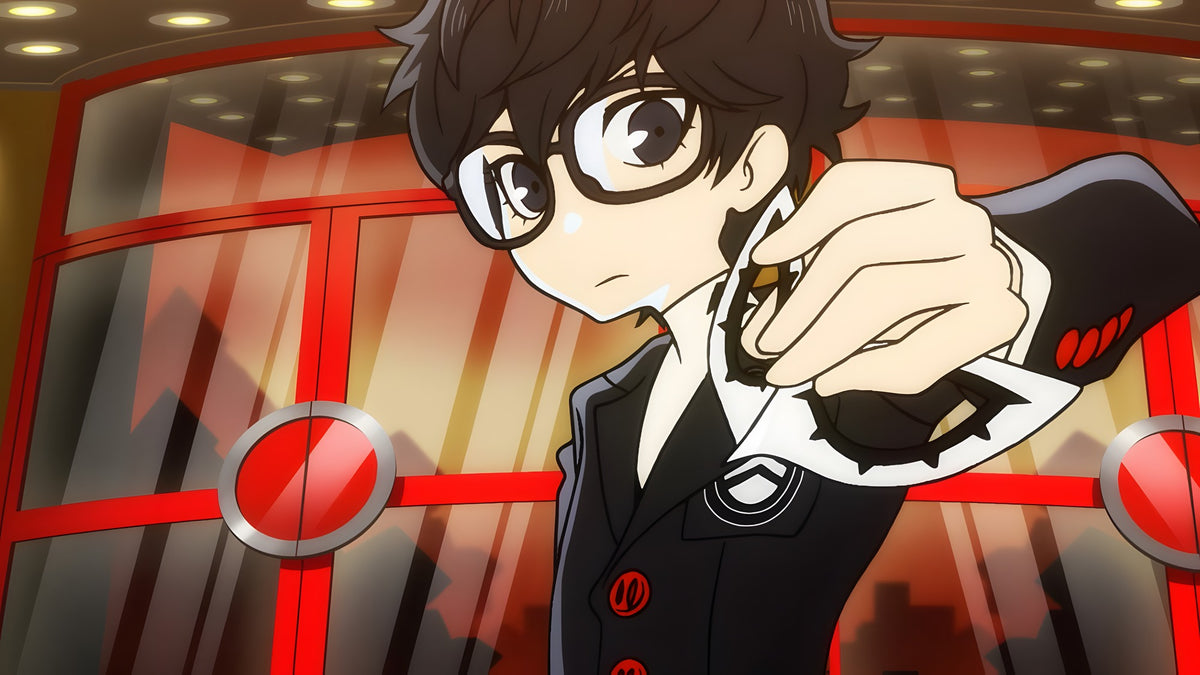 Der Protagonist Joker hält in Persona Q2: New Cinema Labyrinth eine Karte in die Kamera.