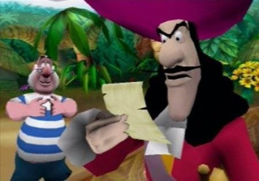 Captain Hook mit einem grimmigen Gesichtsausdruck hält eine Karte in der Hand, im Hintergrund ein Matrose.