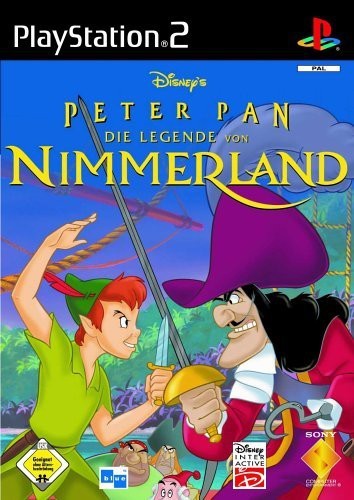 Das Cover von Peter Pan: Die Legende von Nimmerland für PS2 zeigt Peter Pan und Captain Hook im Kampf, USK ab 0.