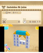 Ein unvollendetes Haus-Puzzle mit blauen und gelben Blöcken wird in Picross 2 gelöst.