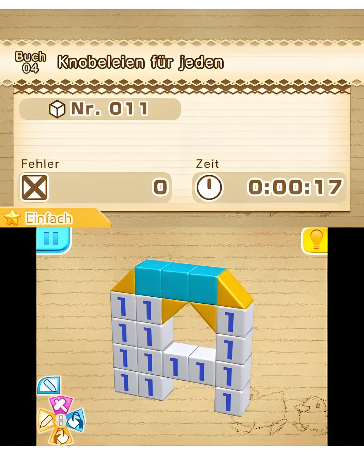 Ein unvollendetes Haus-Puzzle mit blauen und gelben Blöcken wird in Picross 2 gelöst.