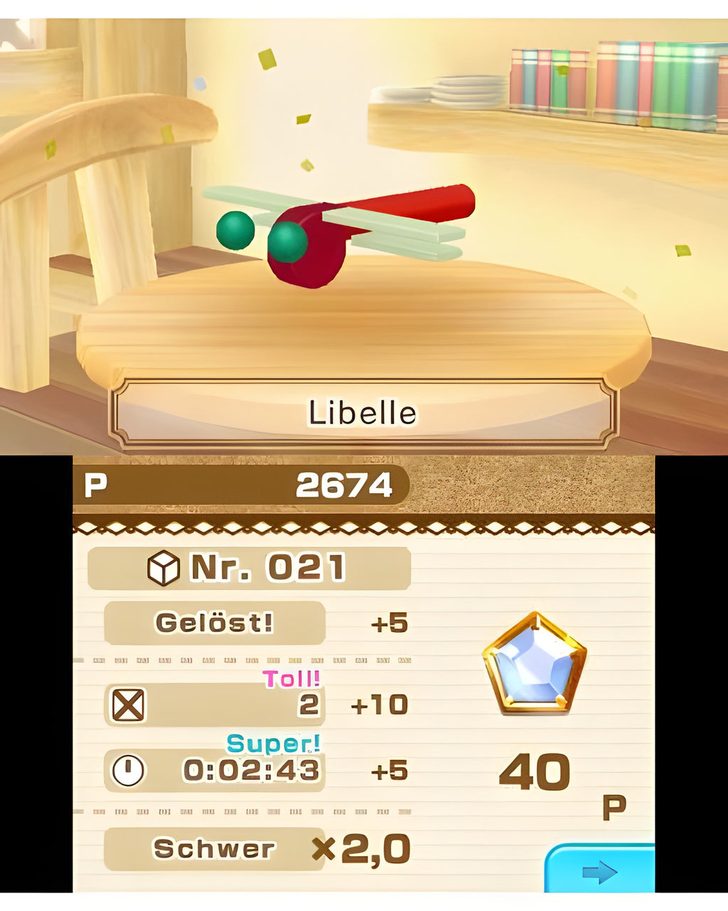 Eine Libellen-Figur und das Ergebnisbildschirm mit Punkten in Picross 2.