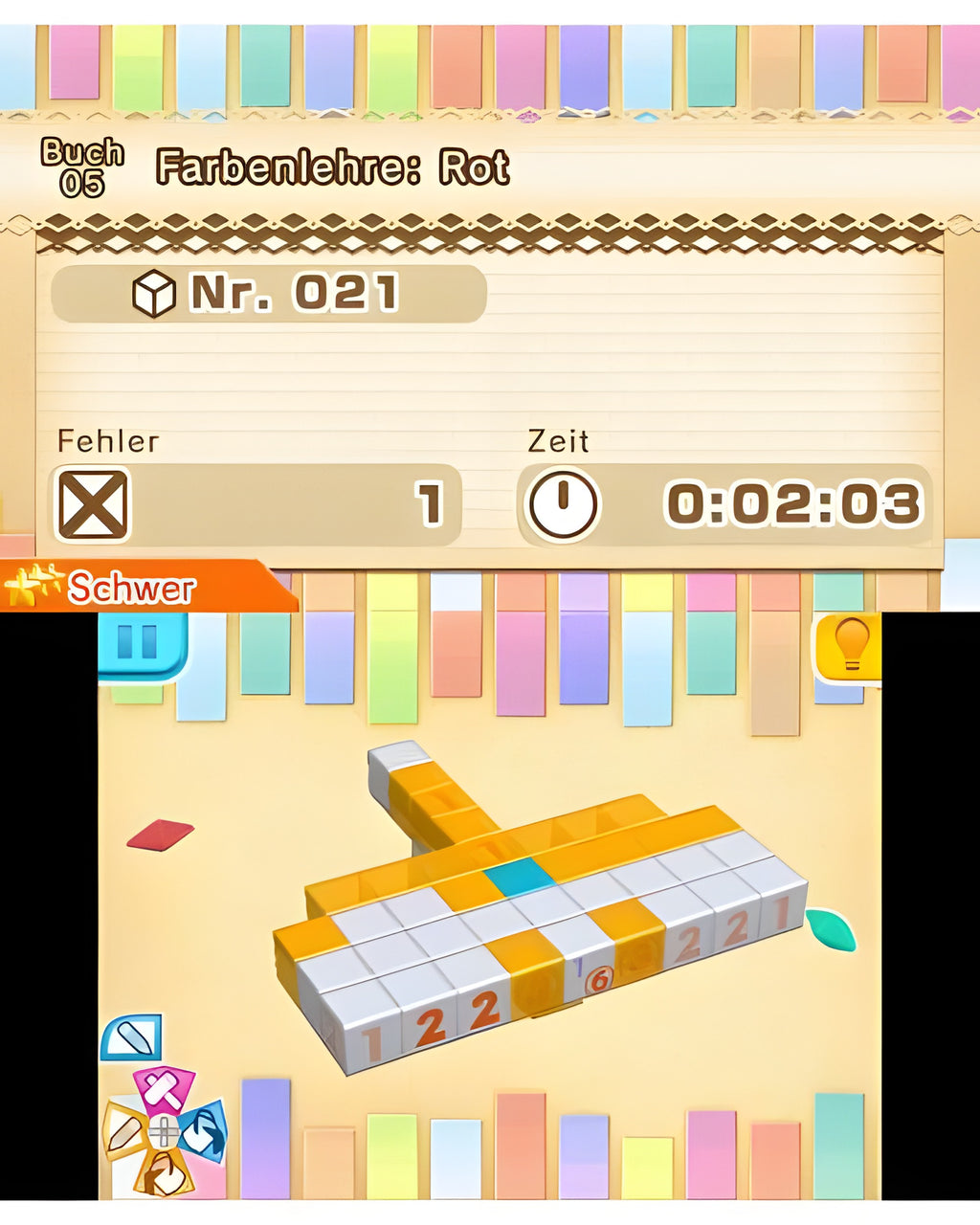 Ein Flugzeug-Puzzle in Rot und Gelb wird in Picross 2 auf einem hellen Hintergrund gelöst.