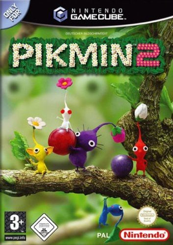 Das Frontcover von Pikmin 2 für GameCube zeigt verschiedene Pikmin-Charaktere auf einem Ast im Grünen.