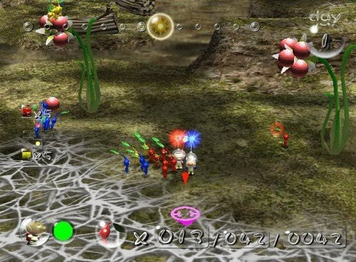 Verschiedene Pikmin-Arten und zwei Kapitäne kämpfen gemeinsam auf einem Spinnennetz gegen Feinde.