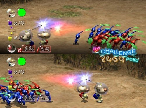 Ein geteilter Bildschirm zeigt zwei Spieler, die mit ihren Pikmin-Armeen in einem Kampf antreten.