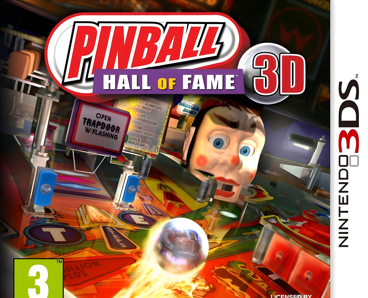 Das Cover von Pinball 3D: Hall of Fame zeigt einen Pinball-Tisch mit Kugel und einem Kopf, PEGI 3.