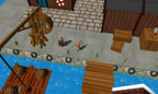 Pippi Langstrumpf läuft im Spiel durch einen Hafen mit einem Holzkran und Kisten.