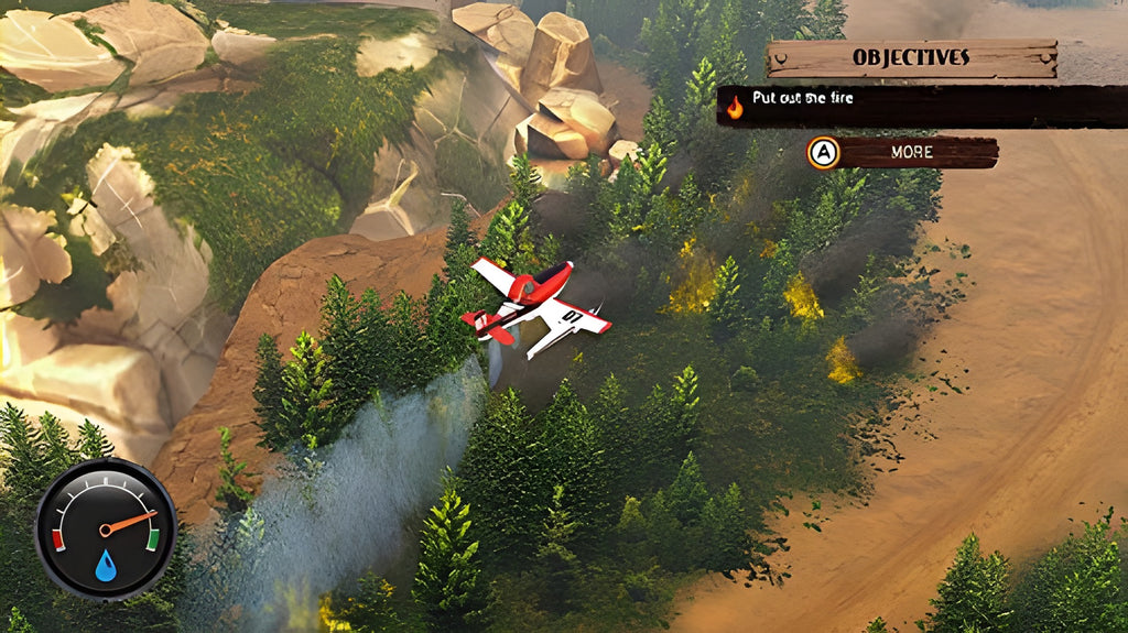 In Planes 2: Immer im Einsatz löscht ein rotes Flugzeug einen Waldbrand aus der Luft.
