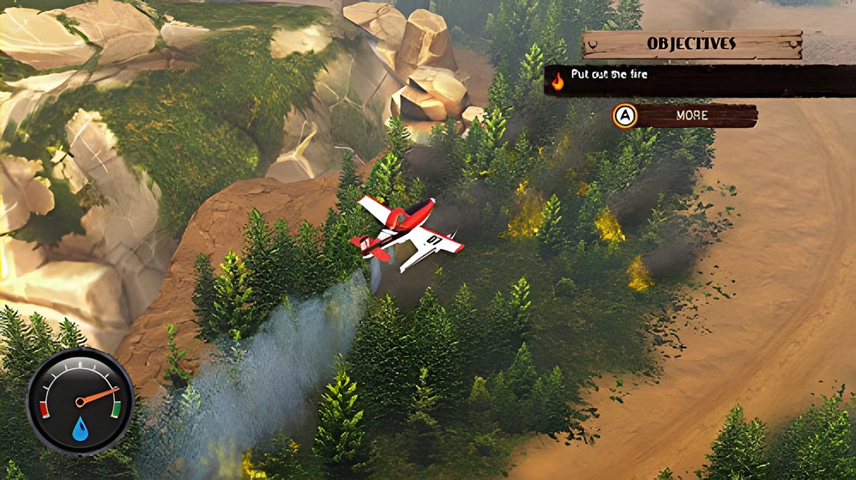 In Planes 2: Immer im Einsatz löscht ein rotes Flugzeug einen Waldbrand aus der Luft.