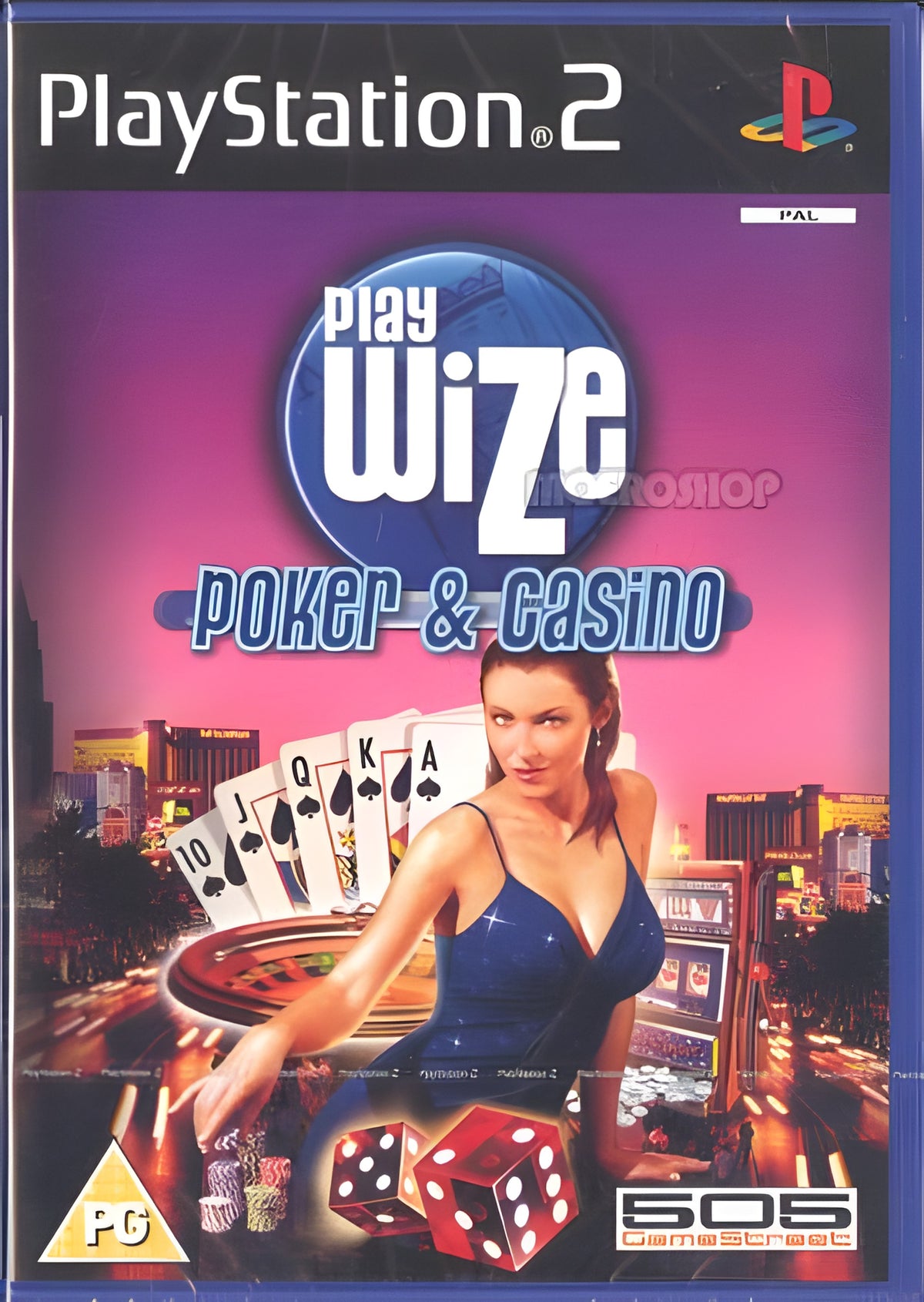 Das Cover von Play Wize: Poker & Casino für PS2 zeigt eine Frau im blauen Kleid vor einem Roulettetisch und Spielkarten.
