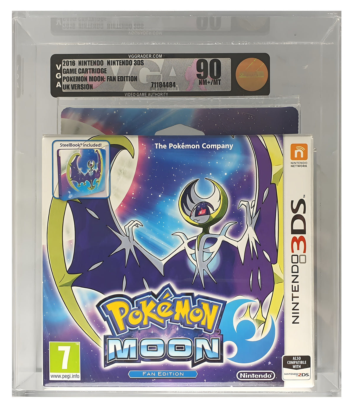 Das Cover von Pokémon Mond / Moon + Steelbook Fan Edition VGA Grading SEALED 90 für Nintendo 3DS