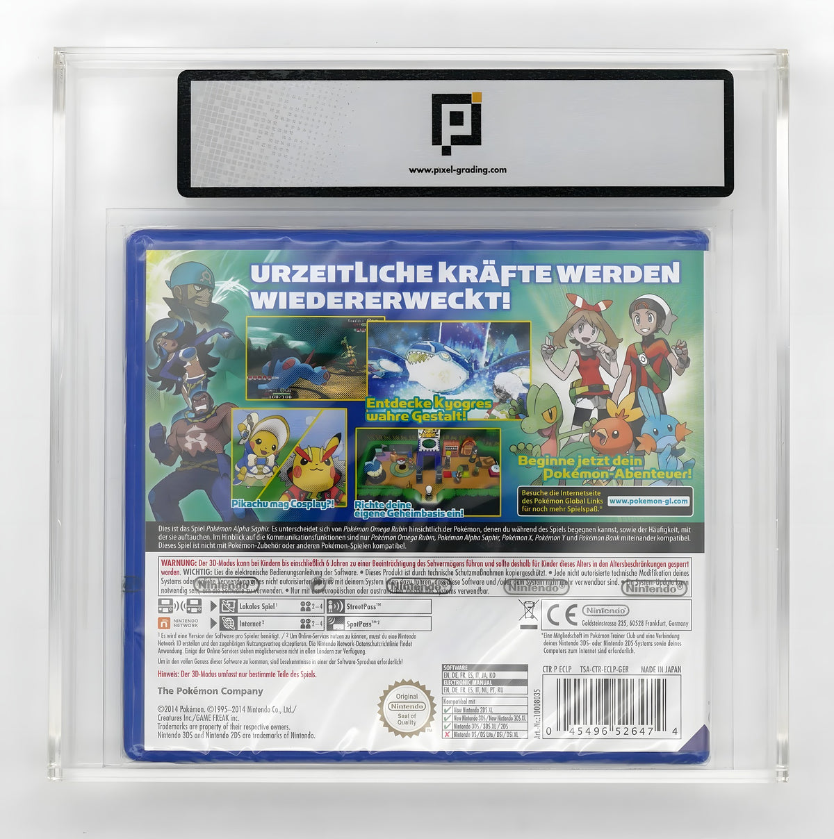 Die Rückseite von Pokemon: Alpha Saphir / Alpha Sapphire Pixel Grading SEALED 80+ in einer Grading-Hülle.