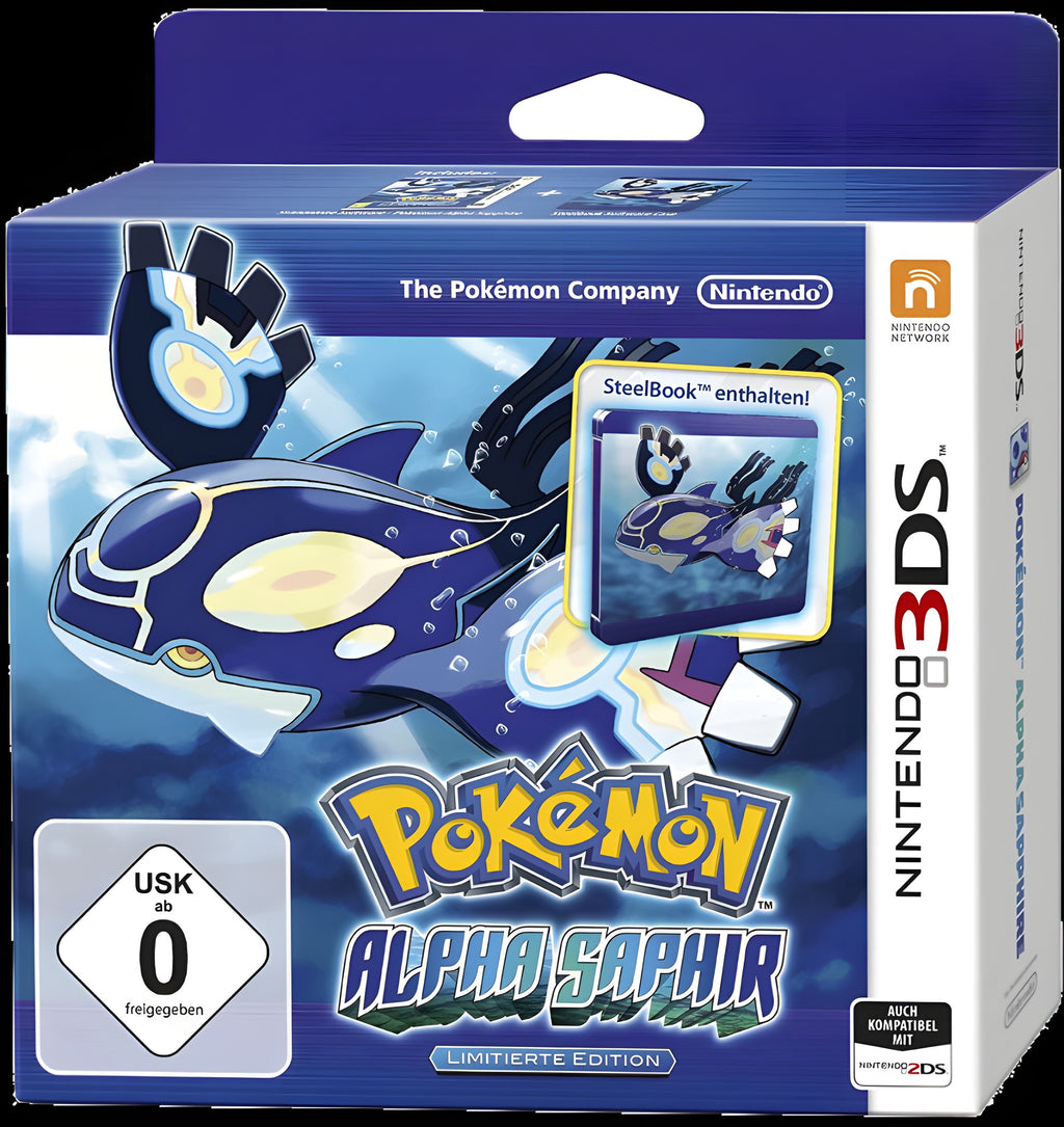 Die Umverpackung von Pokemon Alpha Saphir Limitierte Edition zeigt Kyogre und den Hinweis auf das Steelbook.