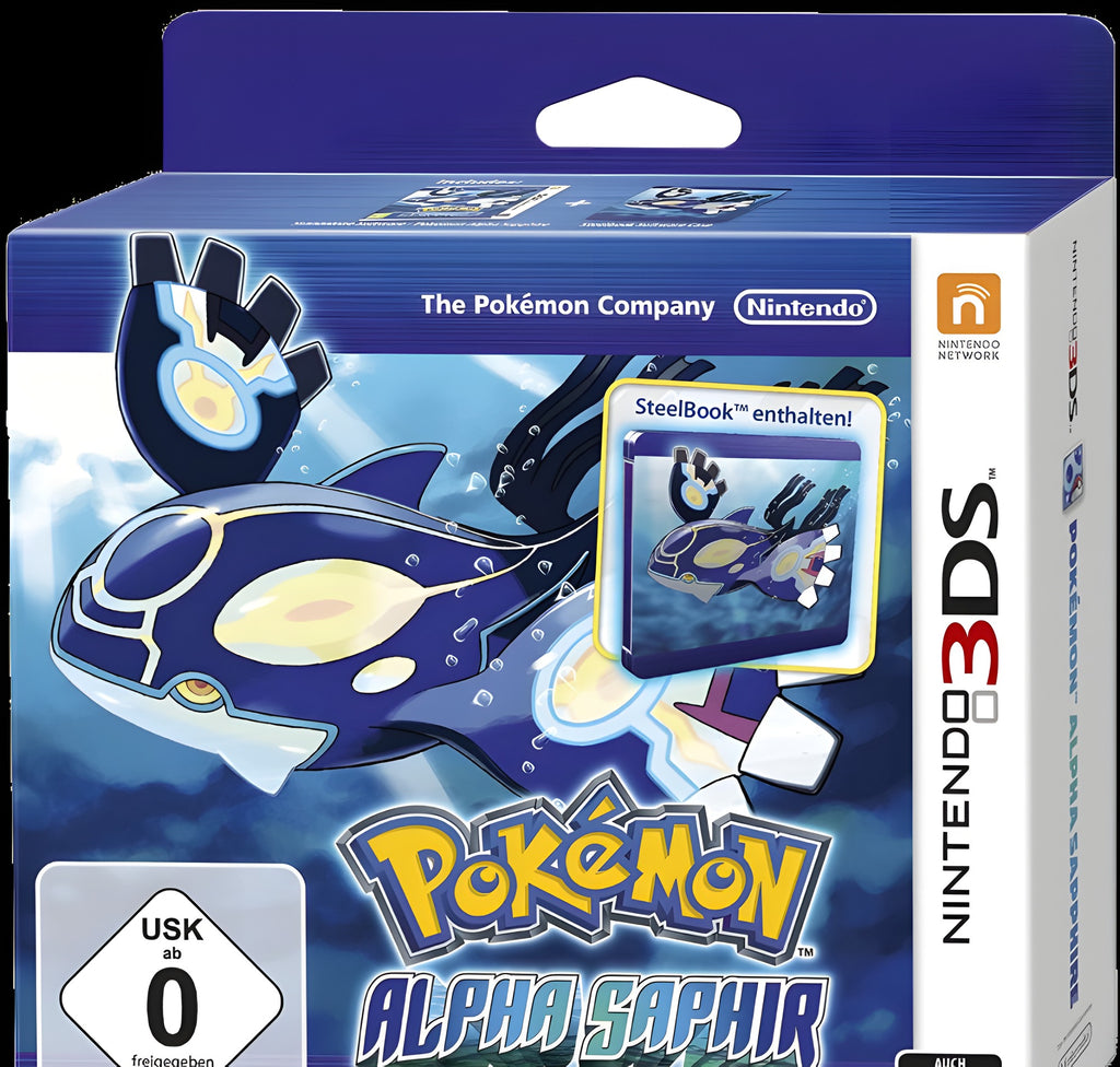 Die Umverpackung von Pokemon Alpha Saphir Limitierte Edition zeigt Kyogre und den Hinweis auf das Steelbook.