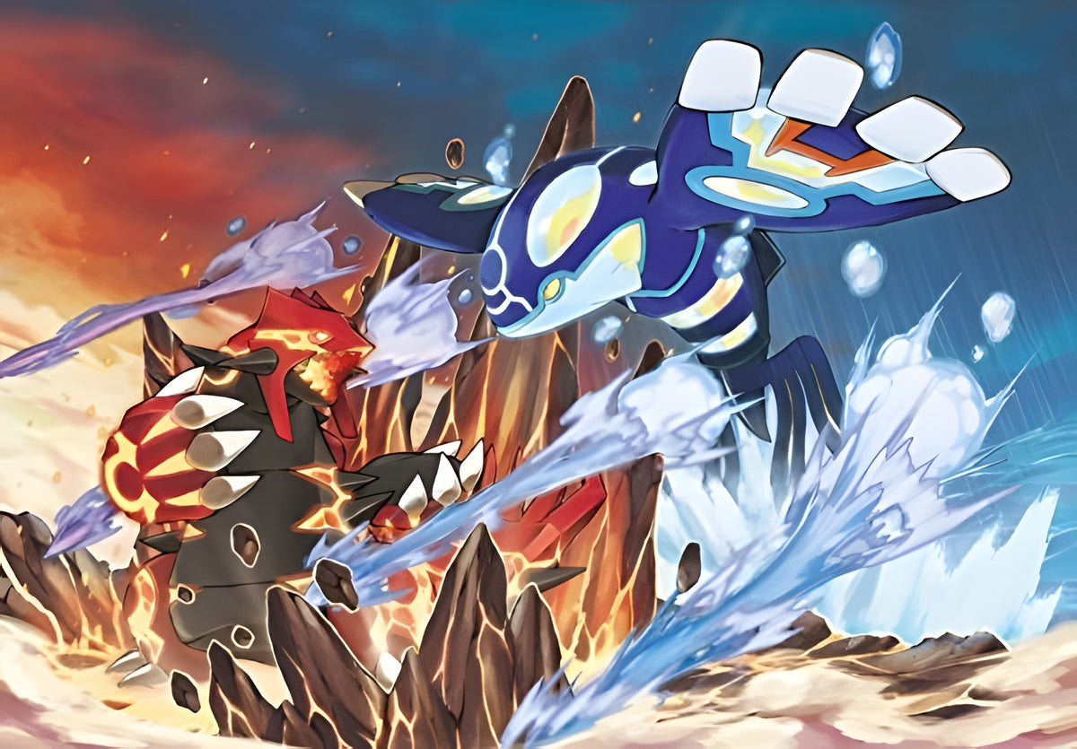 Im Artwork zu Pokemon Alpha Saphir + Pokeball Cardcase kämpfen Groudon und Kyogre in einer dramatischen Szene.