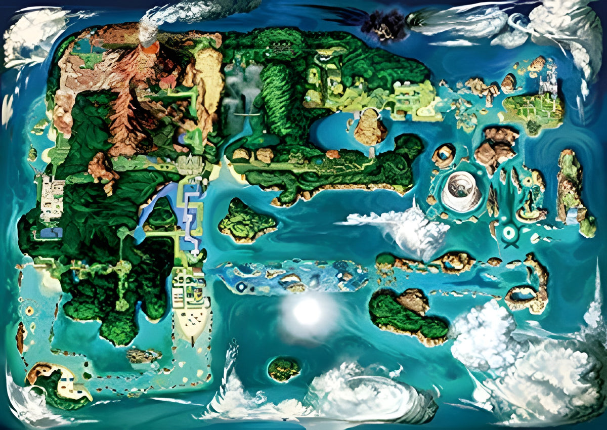 Die Weltkarte von Hoenn in Pokemon Alpha Saphir + Pokeball Cardcase zeigt viele Inseln und Wasserwege.