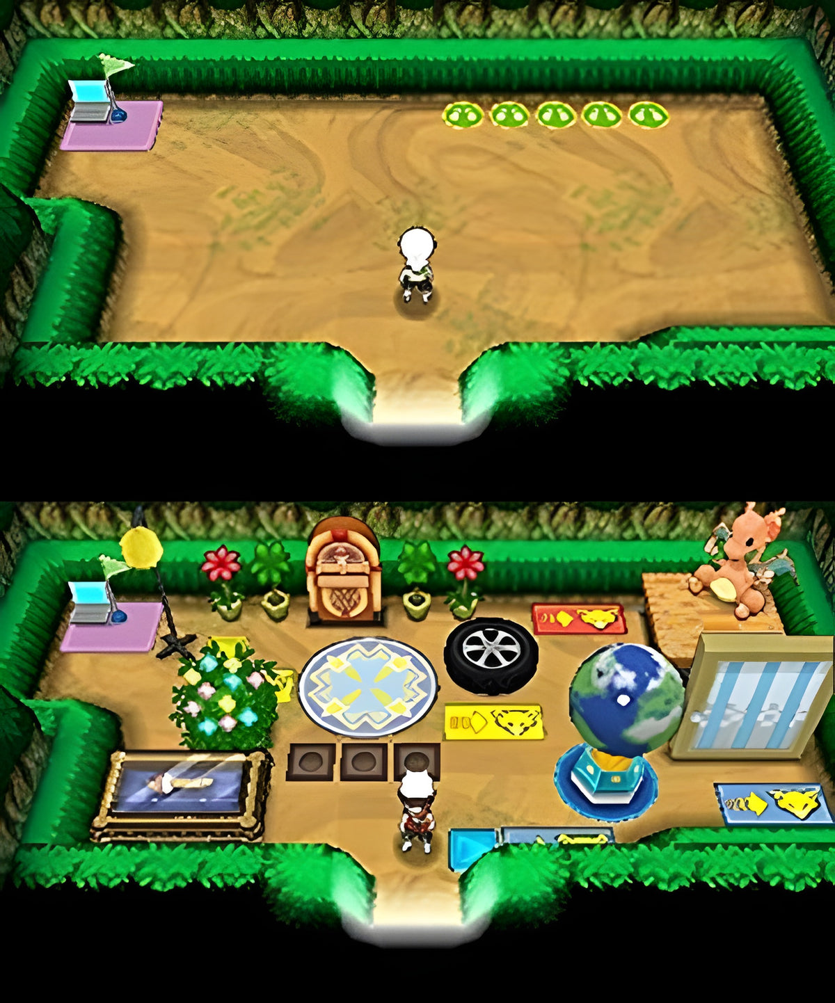 Zwei Szenen aus Pokemon Alpha Saphir + Pokeball Cardcase zeigen die Einrichtung einer Geheimbasis.