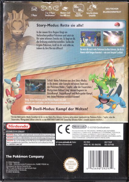 Die Rückseite der Spielhülle von Pokémon Colosseum mit Screenshots und Texten zur Story des Spiels.