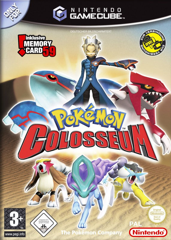 Das Cover von Pokémon Colosseum für Nintendo GameCube zeigt den Trainer Wes mit mehreren Pokémon und dem PEGI 3 Siegel.