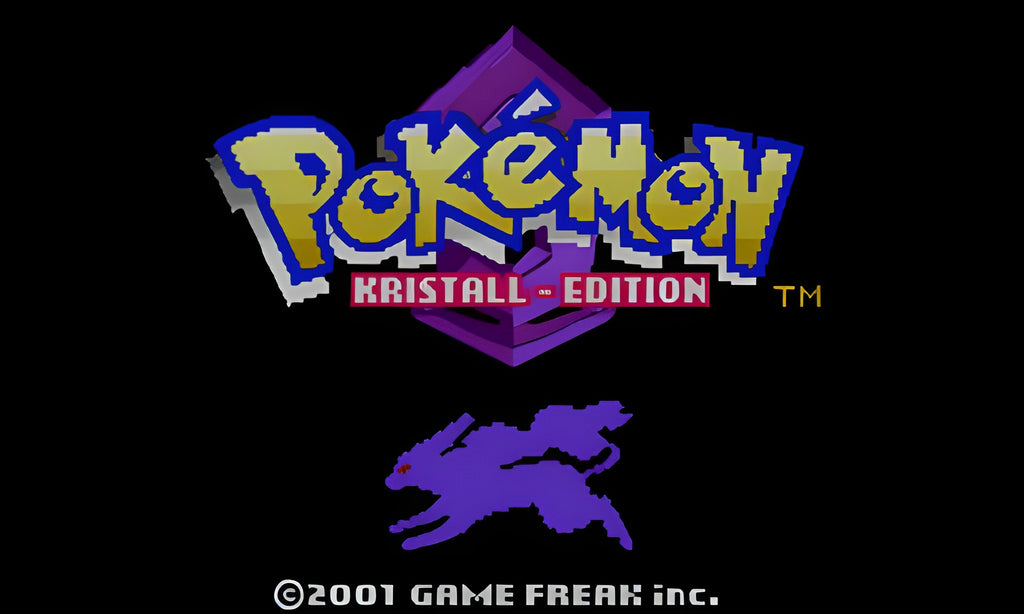 Der Titelbildschirm von Pokémon: Kristall Edition zeigt den Schriftzug und eine Silhouette von Suicune.