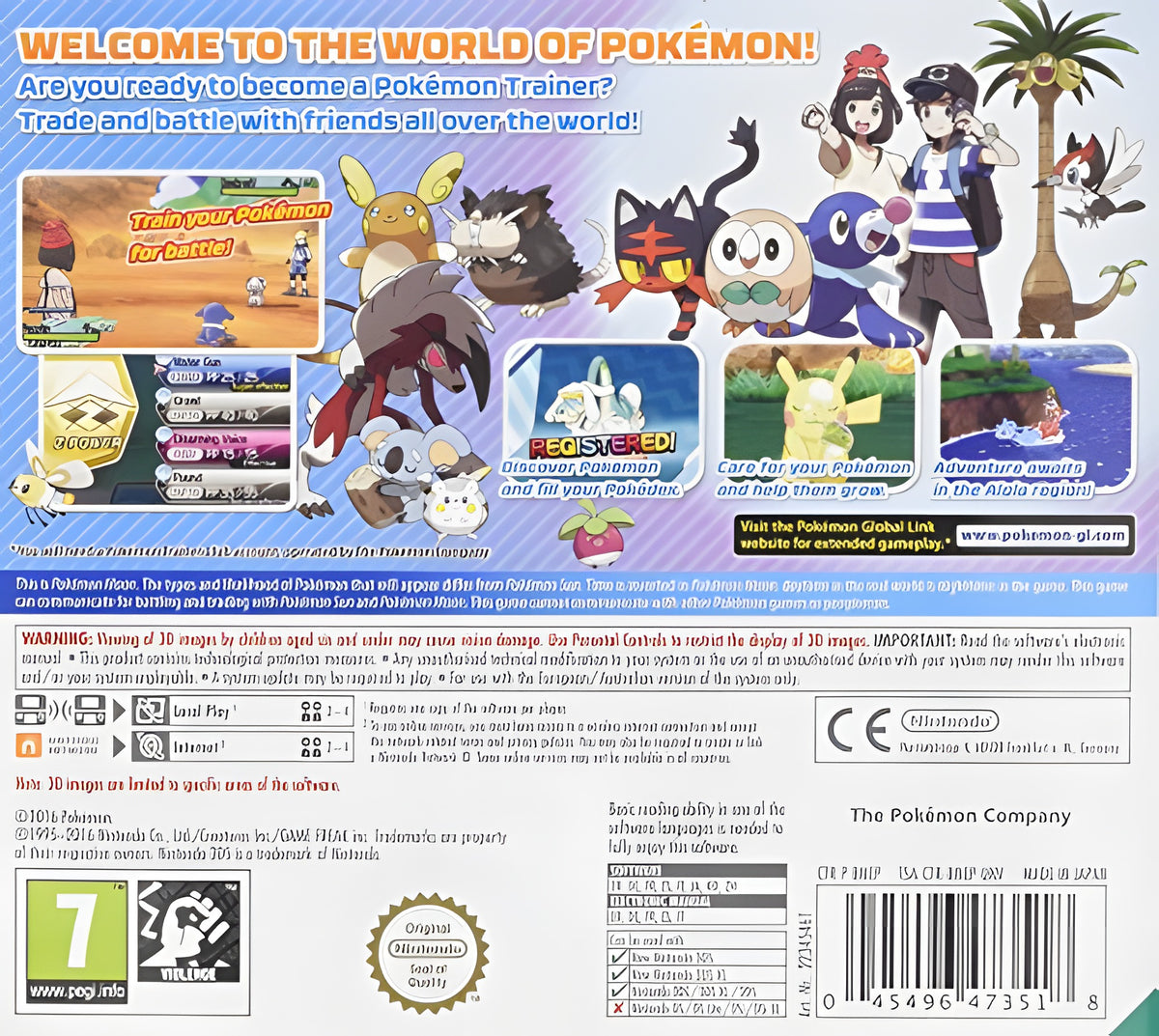 Die Rückseite der Verpackung von Pokémon Mond / Moon zeigt mehrere kleine Spielszenen und Textfelder.