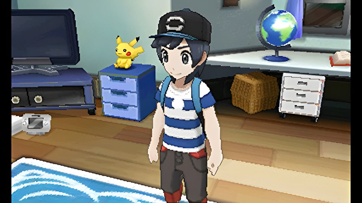 In Pokémon Mond / Moon steht der Spielercharakter in einem Zimmer mit einem Pikachu auf einem Schrank.