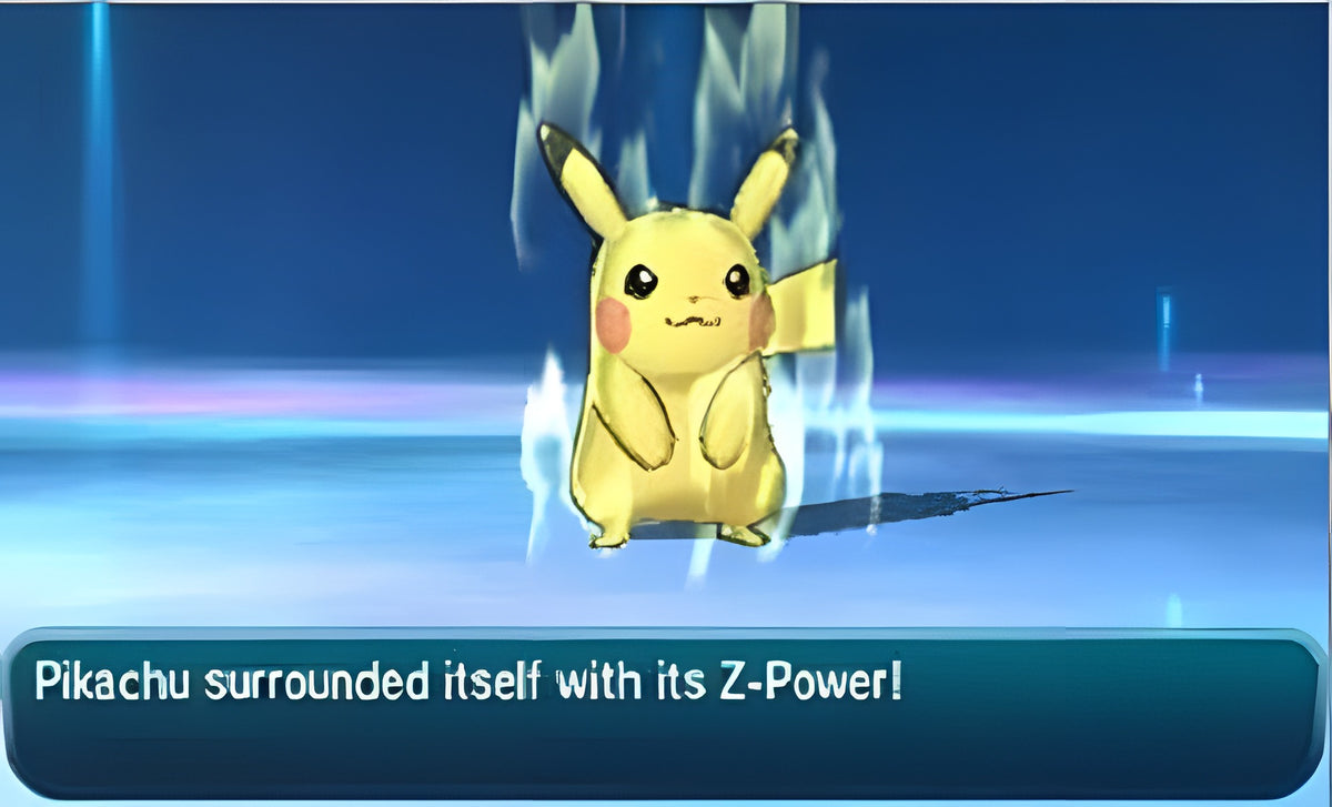 Pikachu ist in Pokémon Mond / Moon von blauer Energie umgeben und nutzt seine Z-Kraft.