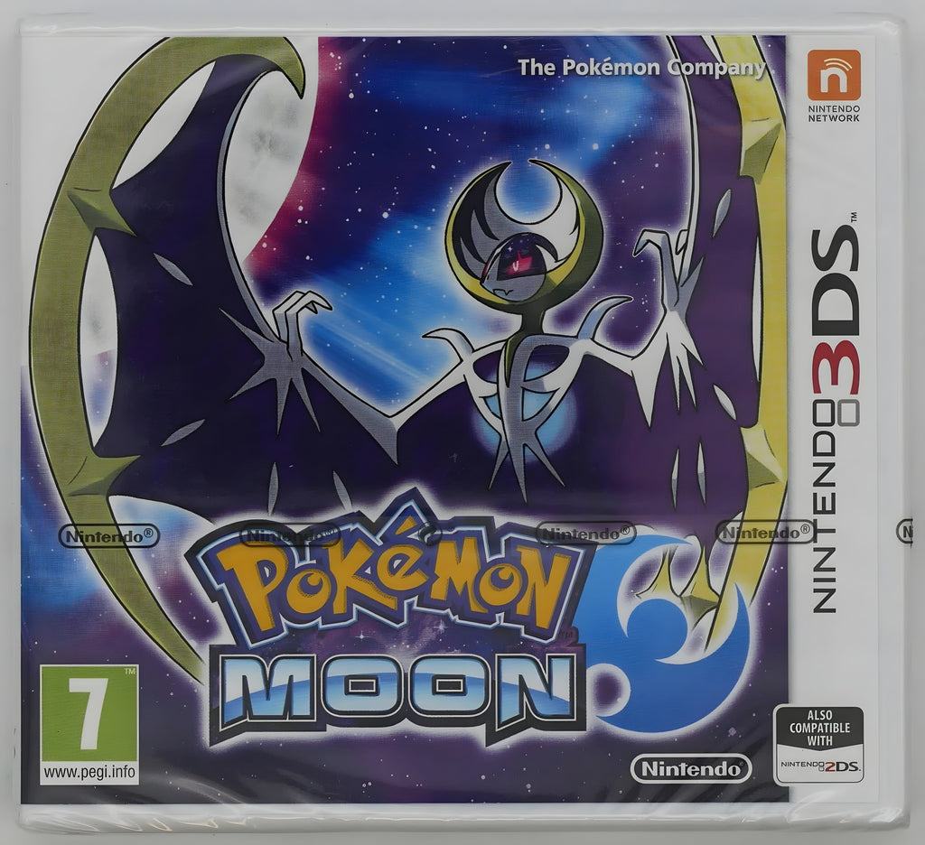 Das Cover von Pokémon Mond / Moon Pixel Grading SEALED 80+ zeigt ein geflügeltes Pokémon vor einem Sternenhimmel, USK ab 0.