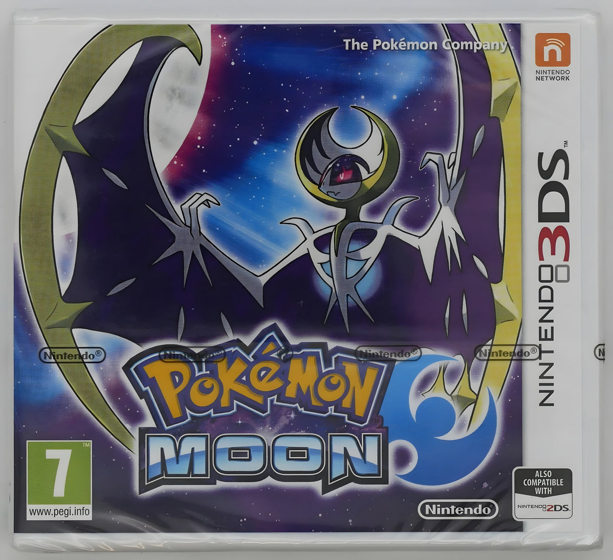 Das Cover von Pokémon Mond / Moon Pixel Grading SEALED 80+ zeigt ein geflügeltes Pokémon vor einem Sternenhimmel, USK ab 0.