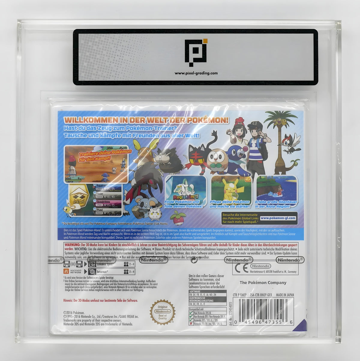 Die Rückseite von Pokémon Mond / Moon Pixel Grading SEALED 85 zeigt Spielszenen und Text in deutscher Sprache.