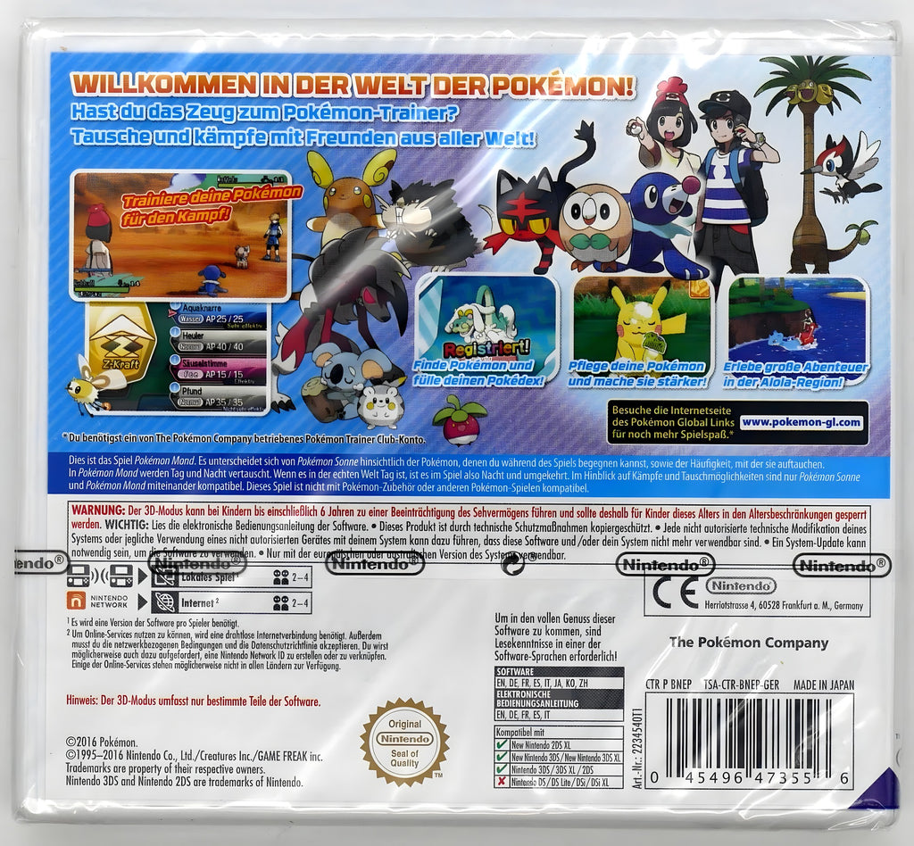 Die Rückseite von Pokémon Mond / Moon Pixel Grading SEALED 85 zeigt Spielszenen und detaillierte Informationen.
