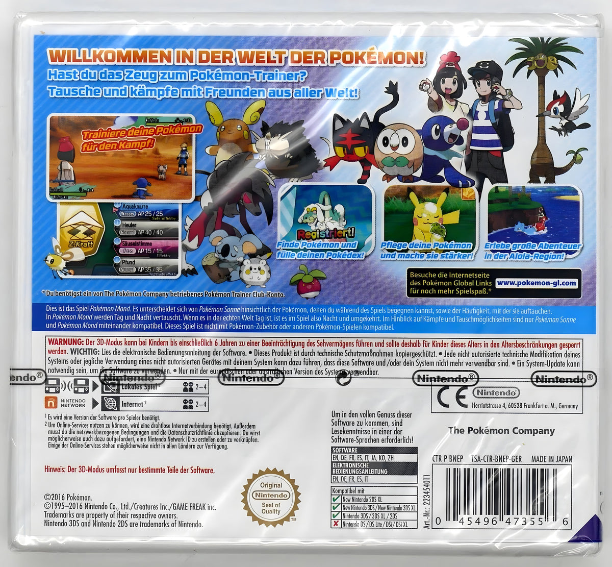 Die Rückseite von Pokémon Mond / Moon Pixel Grading SEALED 85 zeigt Spielszenen und detaillierte Informationen.