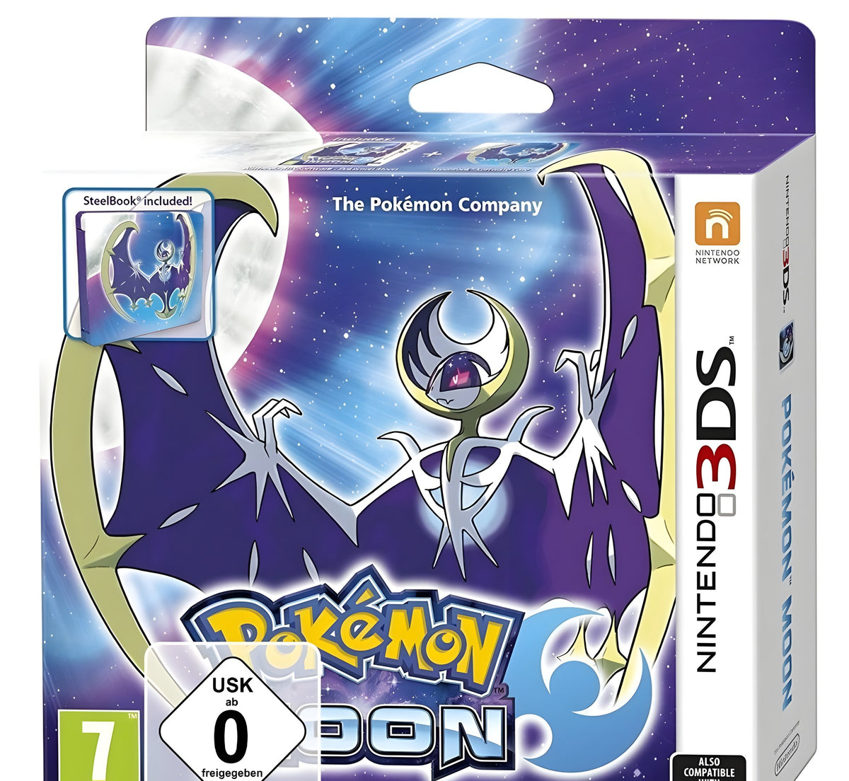 Die Verpackung von Pokémon Mond / Moon + Steelbook Fan Edition zeigt das Pokémon Lunala und die USK ab 0.