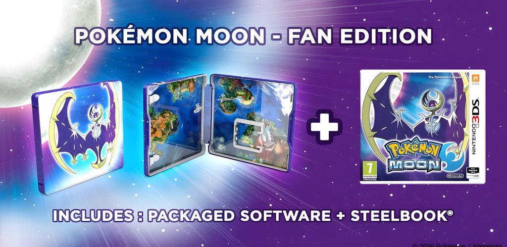 Das Werbebild für Pokémon Mond / Moon + Steelbook Fan Edition VGA Grading SEALED 90 zeigt das Steelbook.