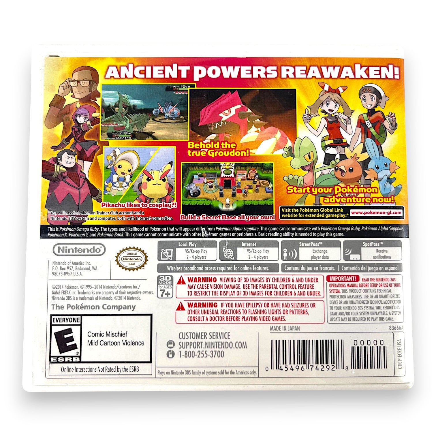 Die Rückseite der Verpackung von Pokemon: Omega Rubin / Omega Ruby zeigt mehrere Spielszenen und Text.